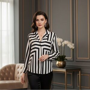 FRAME Silk Black & White Stripe Blouse | Luxury Designer Shirt | Size S/P